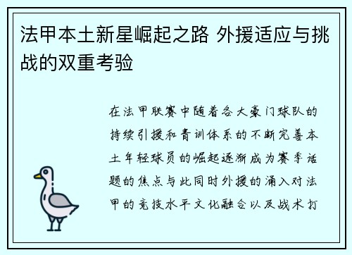 法甲本土新星崛起之路 外援适应与挑战的双重考验